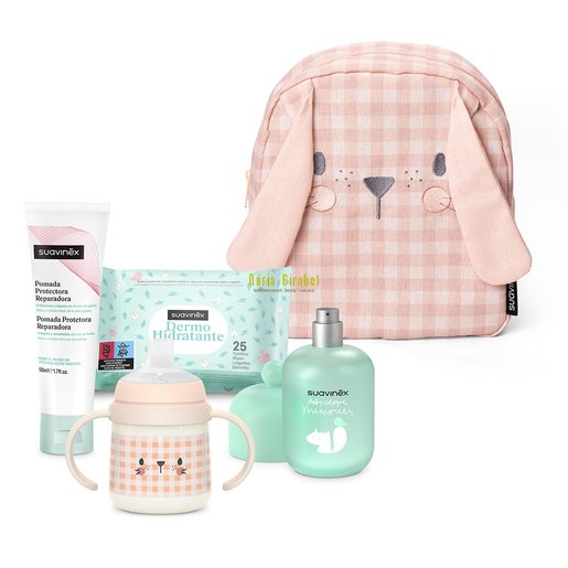motxilla conill rosa amb productes suavinex + nom personalitzat