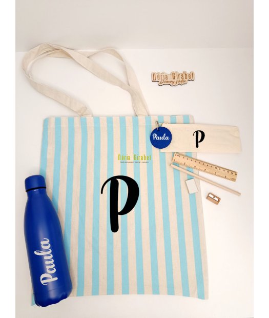 bossa de tela ratlles blau + complements