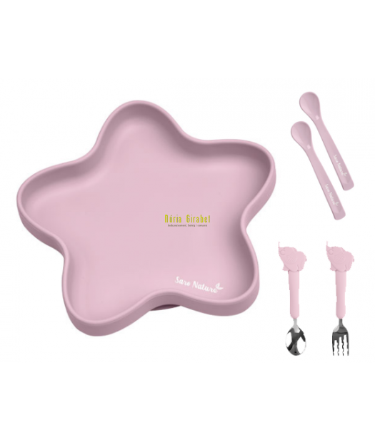 plat silicona + 2 culleres + coberts inox rosa