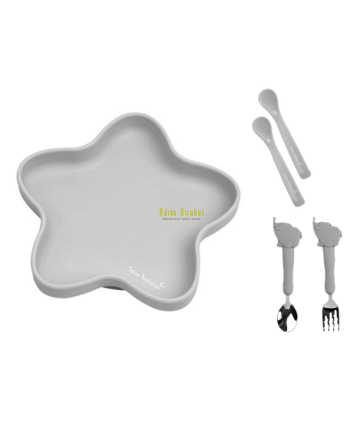 plat silicona + 2 culleres + coberts inox gris
