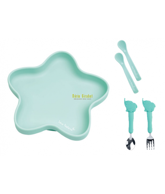 plat silicona + 2 culleres + coberts inox menta