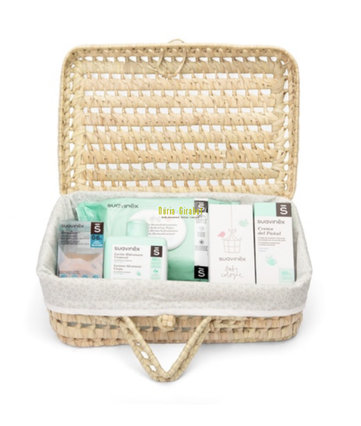 cistella mimbre + productes suavinex + esponja