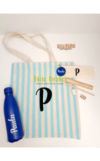 bossa de tela ratlles blau + complements